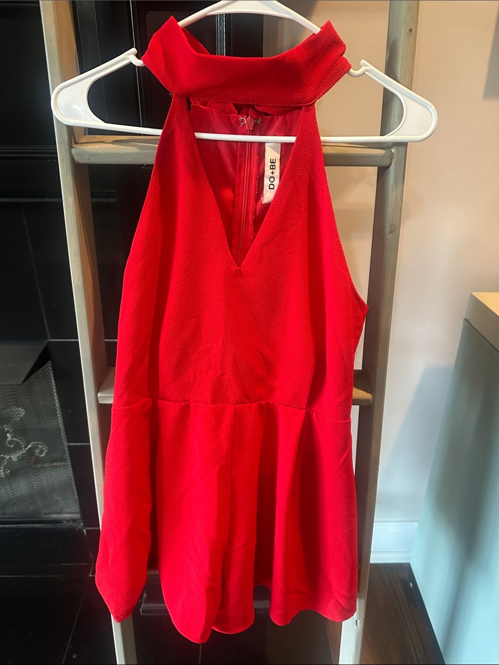 DO+BE Vibrant Red Halter Fit-and-Flare short romper